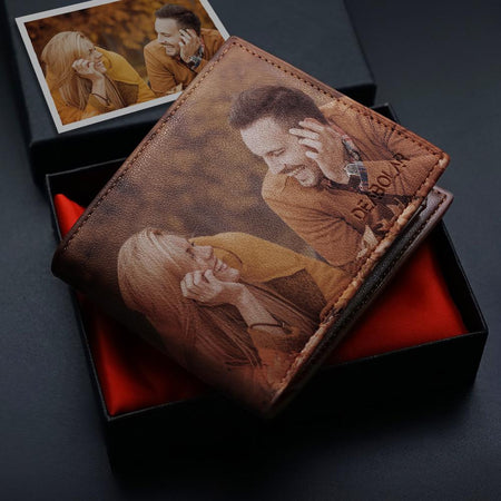 Personalized Print Photo Wallet - Brown Leather