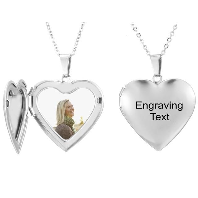 Custom Photo Text Heart Shaped Necklace Silver