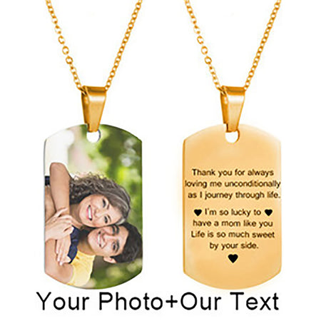 Customized Photo Text Tag Necklace Gold