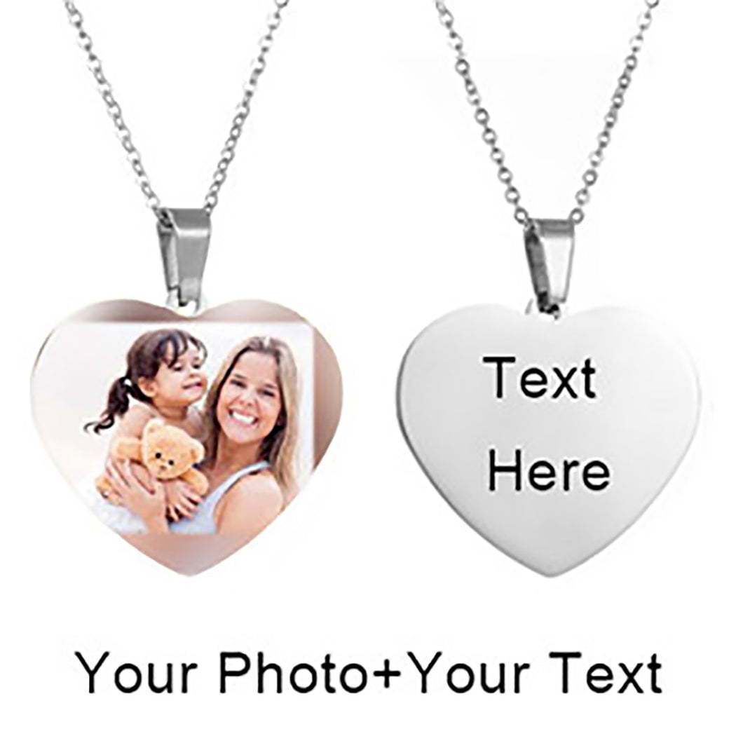 Customized Photo Text Heart Necklace Silver